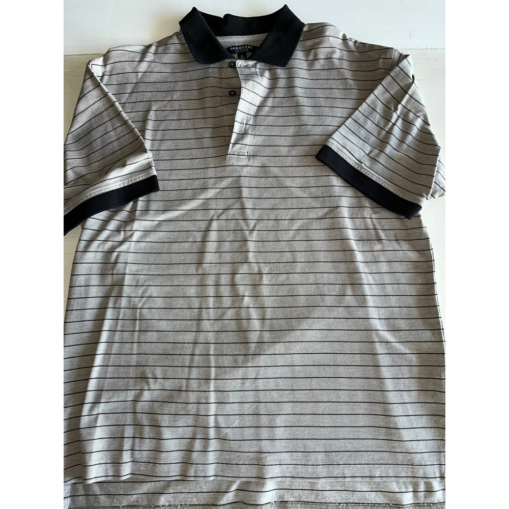 Burberry London Mens Polo Shirt Tan Black Striped Cotton S Short Sleeve Peru